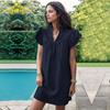 Summer Women Loose Dress Solid Color Standing Collar Lotus Leaf Sleeve Elegant Casual