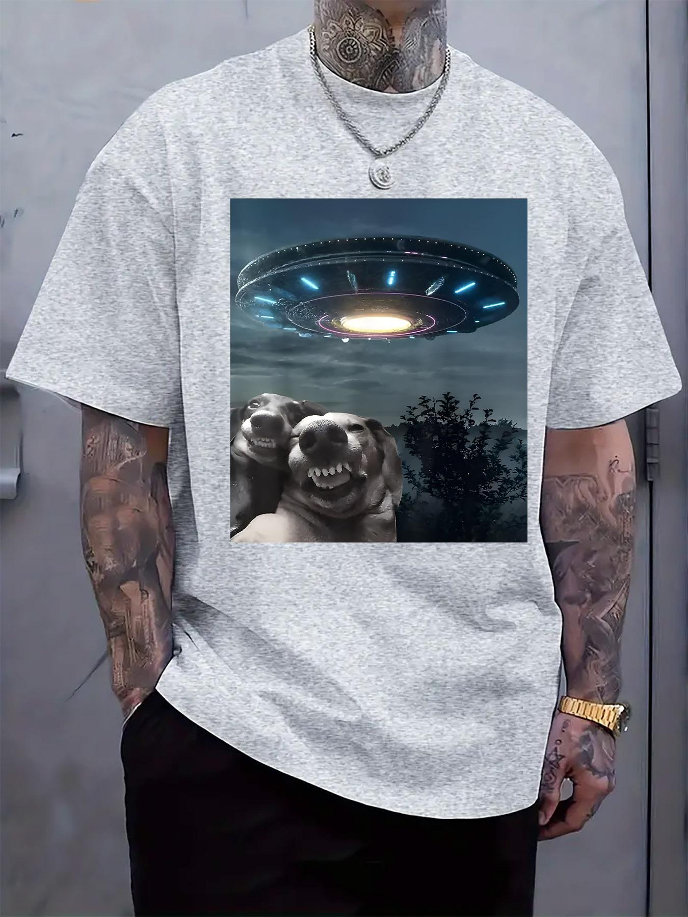 Fun Dog and UFO Graphic Print T-shirt S