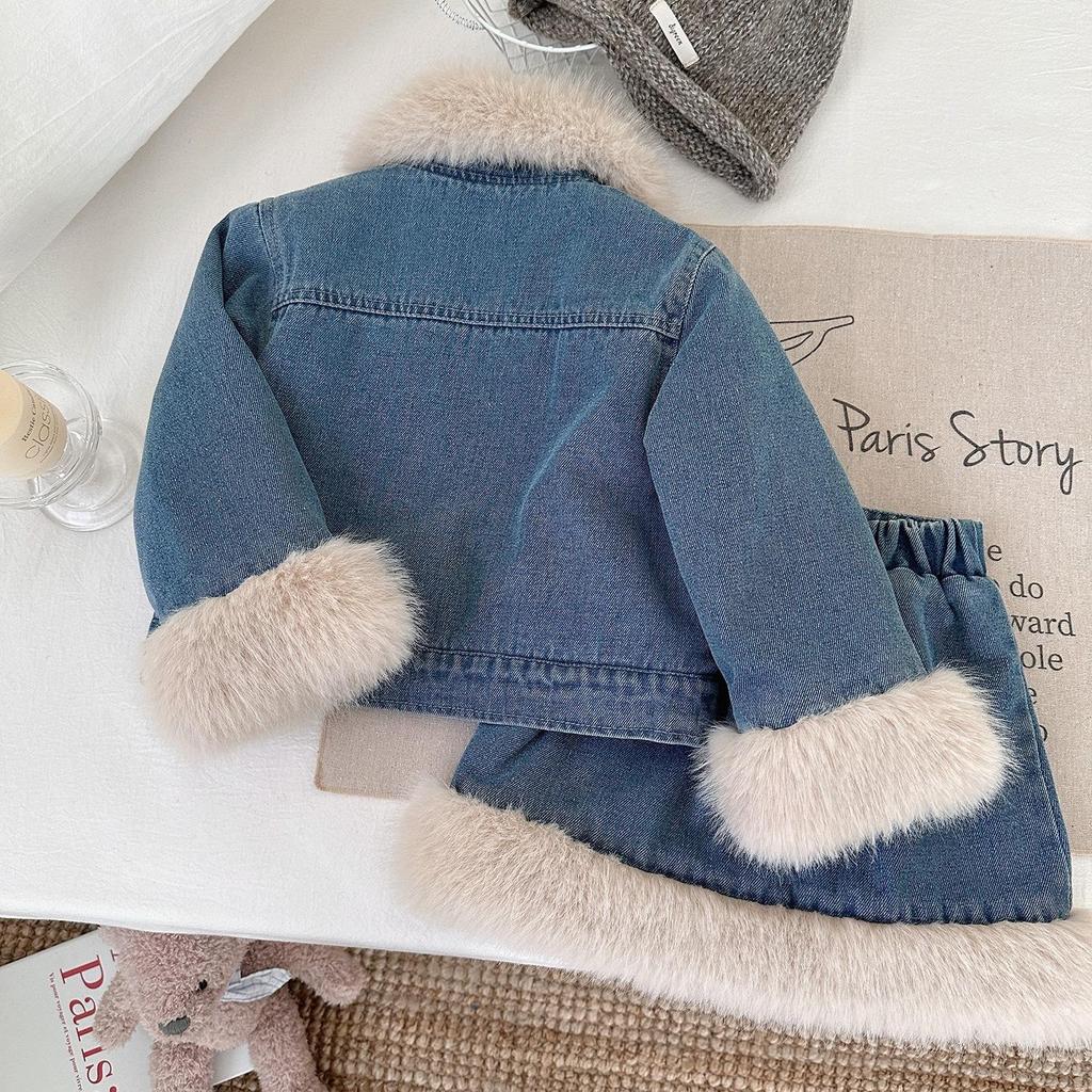 Mädchen Winter Fleecegefüttertes Denim-Set Mittel/Kleine Kindergröße Verdickte Weiche Jacke + Rock Zweiteiliges Set