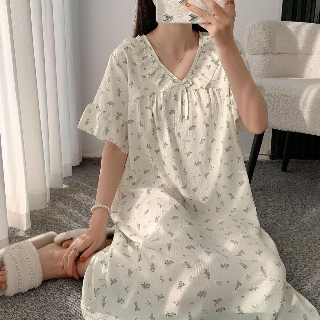 Cloud Cotton Summer Pajama Dress - Women's Short Sleeve Sweet Girl Print Homewear