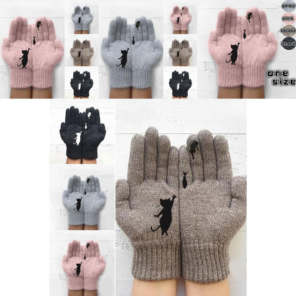 Damen Modische Strickhandschuhe mit Katzen- und Fischdruck mit warmen Fäustlingen für volle Finger