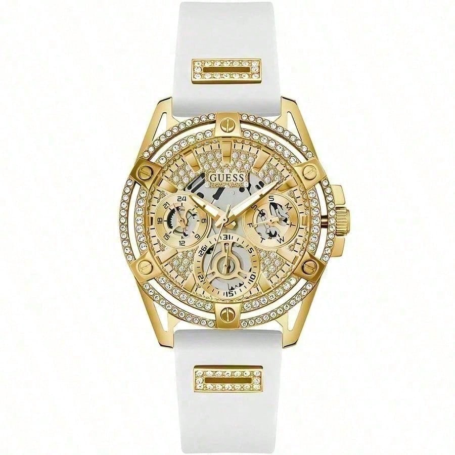 Guess Ladies' 40mm Gold Watch - Stainless Steel Case Skeleton Dial White Silicone Strap GW0536L2