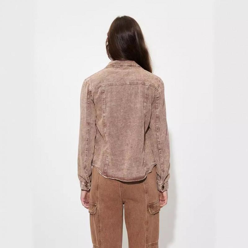Giacca di jeans oversize da donna Vestibilità larga Streetwear Capospalla casual Marrone caffè Manica lunga Collo a polo Autunno 2025