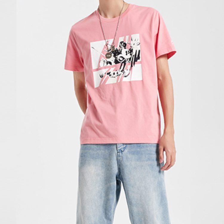 Li Ning X Disney T Shirts Men's Apricot Pink Crew Neck Moderate Straight Fit AHSQ527-3