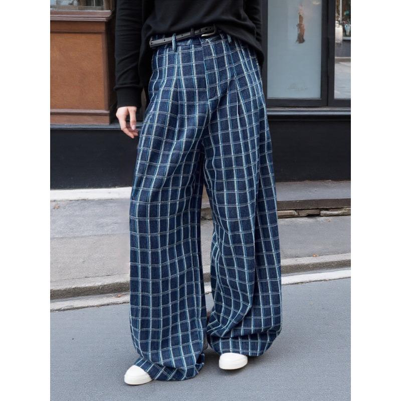 

Retro blue plaid wide-leg jeans women s high-waisted autumn new loose and lazy style floor-mopping casual pants M синий