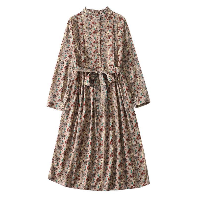 2026 Spring Retro Floral Midi Dress with Ruffle Collar and Tie Waist