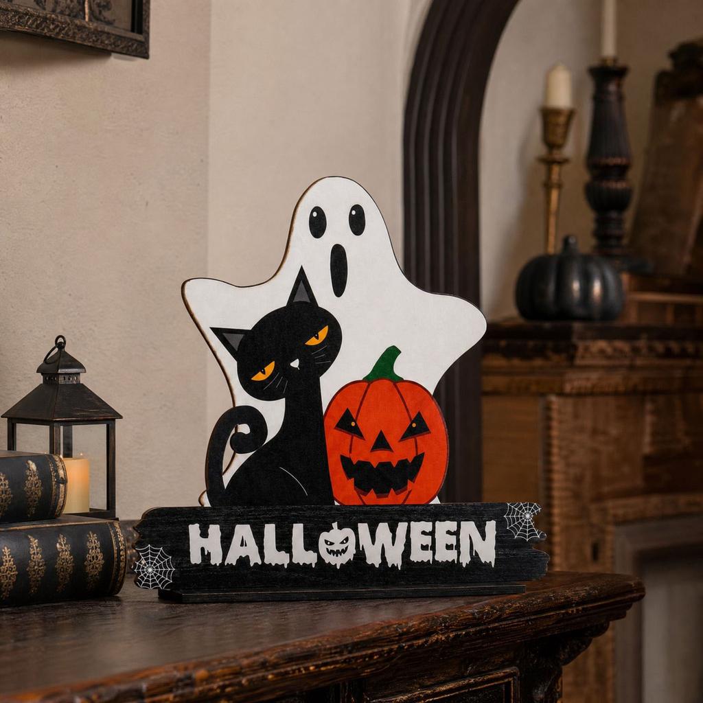 Wooden Halloween Tabletop Decorations Pumpkin Design Ornament for Desk Shelf