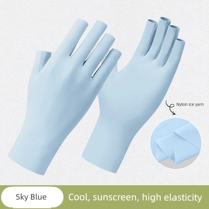 

Sun Protection Five Finger Gloves Half Female Driving Car Tea Picking Leakage Open Finger Nail Beauty Sun Protection Black Summer Thin Half Finger JLST-Sky Blue One size