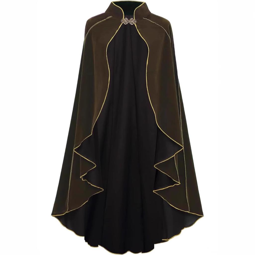 Women Medieval Cloak Stand Collar Deluxe Velvet Gold Trim Cape For Adult Christmas Halloween Paty