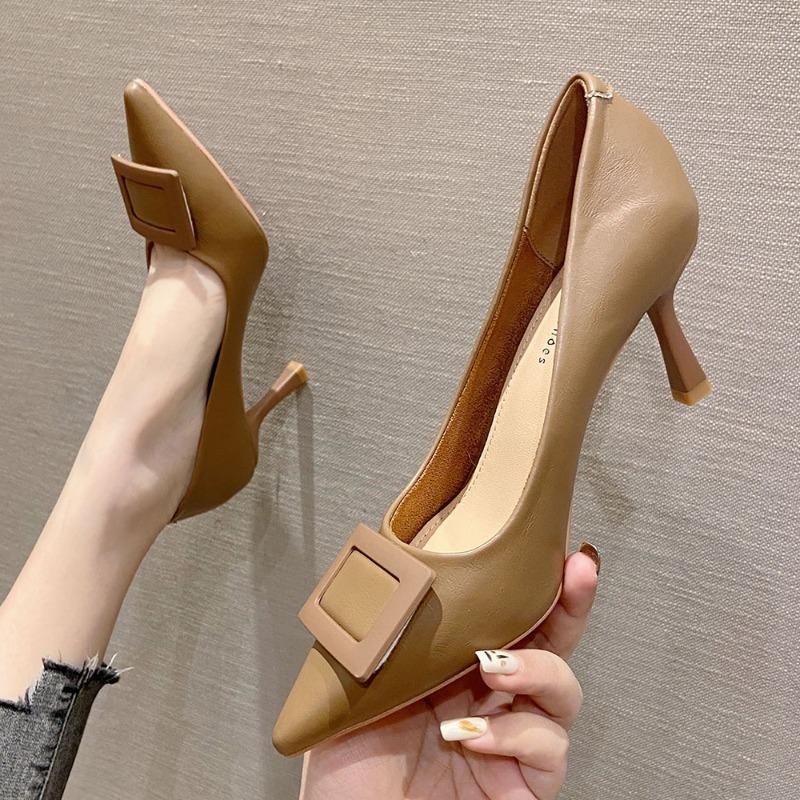 7-Square Buckle Shoes Women's Spring New Pointed Stiletto High Heels Women's Professional Commuter Women's Shoes