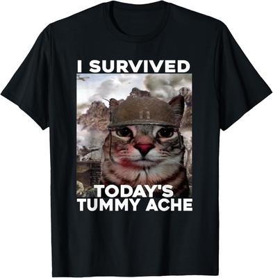 RUJUNMAN Funny Cat Meme I Survived Todays Tummy Ache T-Shirt