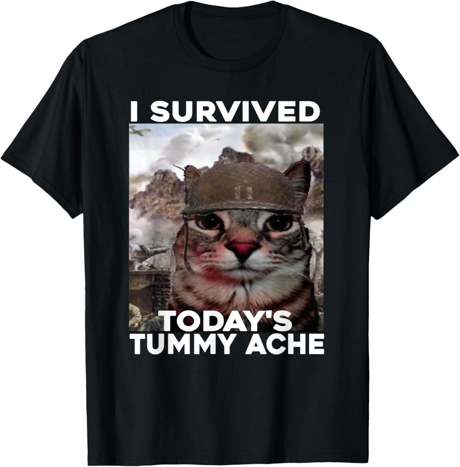 RUJUNMAN Funny Cat Meme I Survived Todays Tummy Ache T-Shirt S чёрный