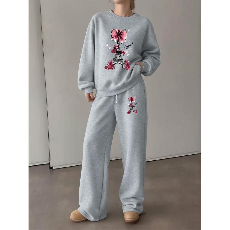 Women's Crewneck Sweatshirt & Drawstring Straight-Leg Pants 2-Piece Set, French Eiffel Tower Rose Print Lounge Set, Relaxed & Comfortable Casual Wear