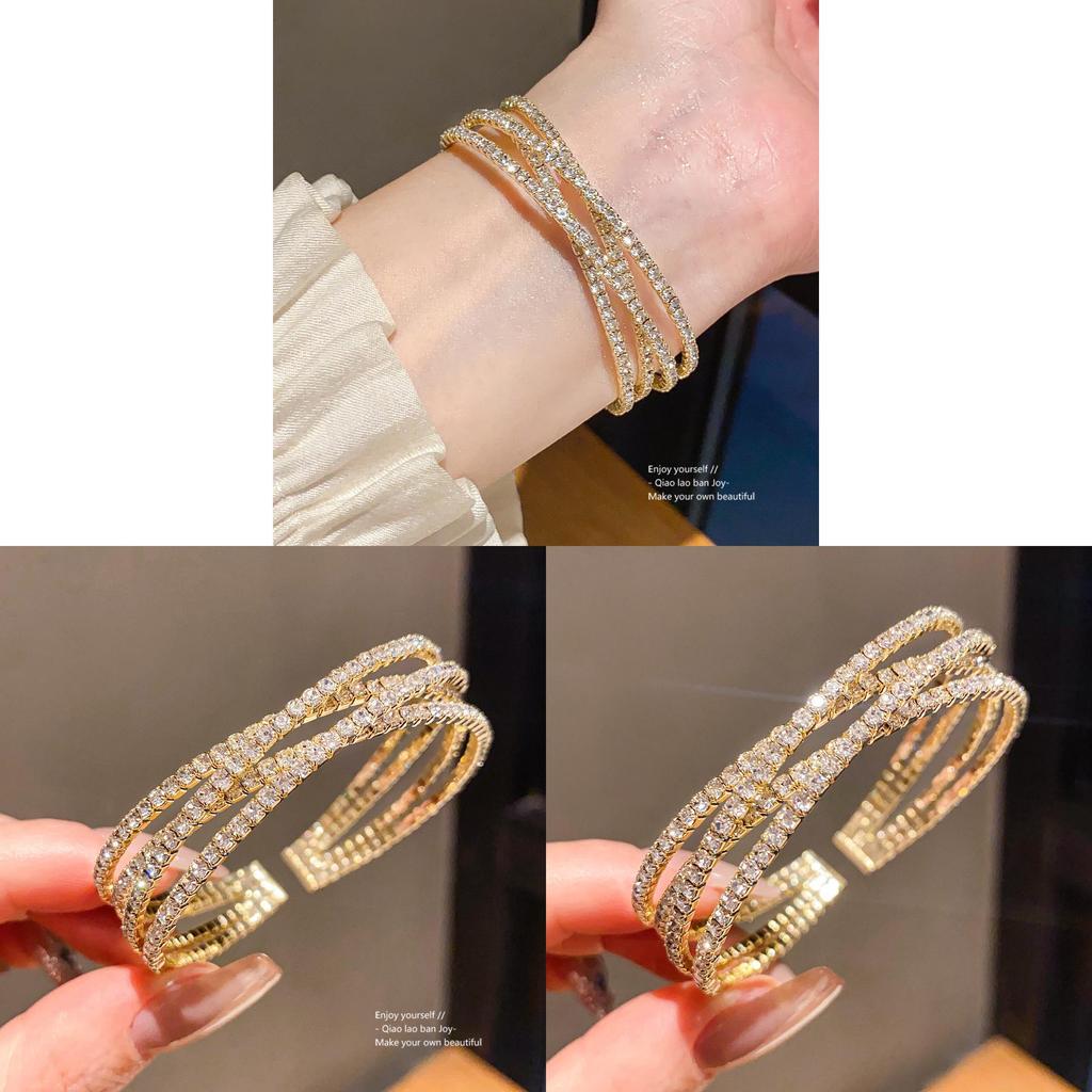 No Ip Geometric Multilayer Cross Opening Bracelet With Rhinestone Accents For Elegant Women