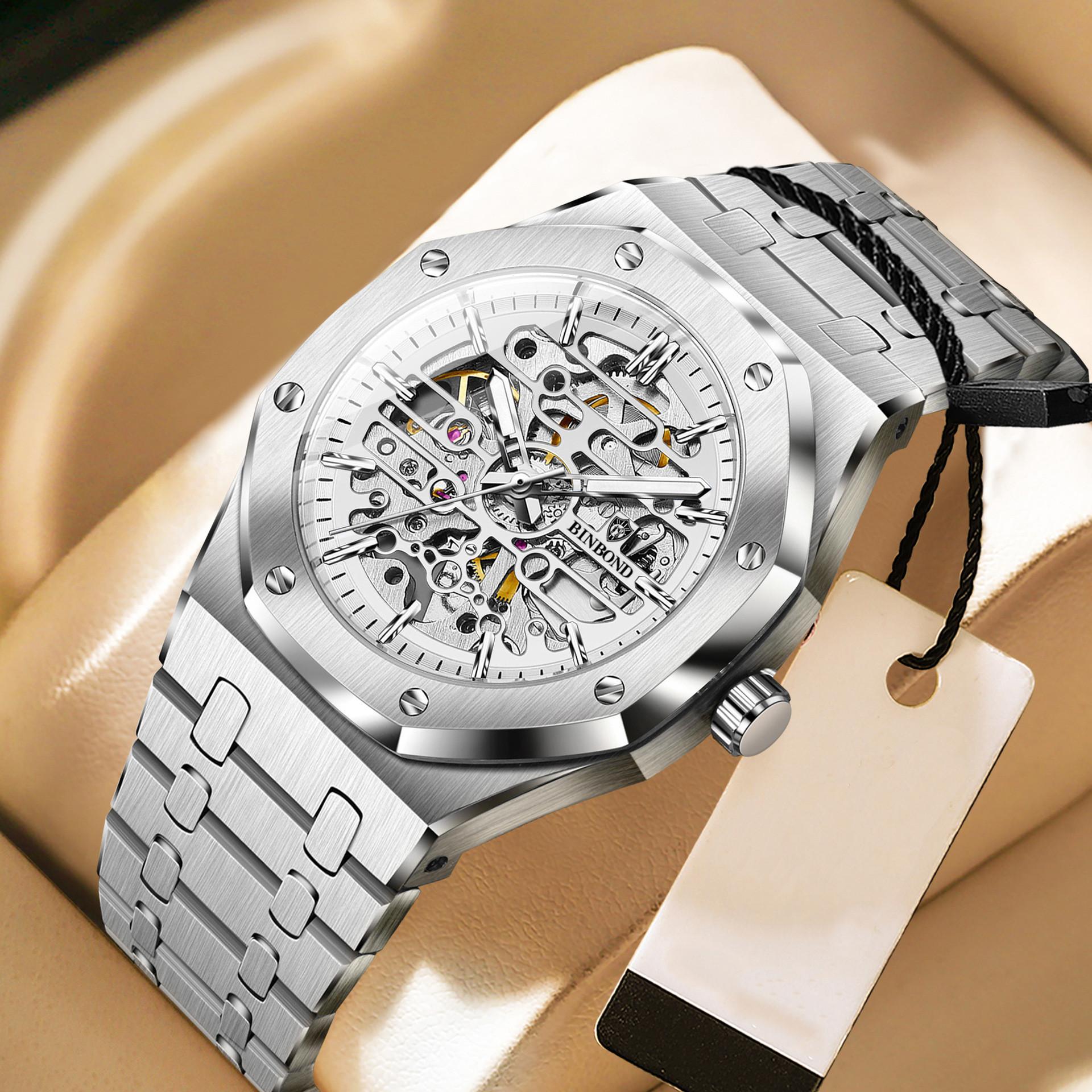 

Fashion Men Mechanical Watches Big Dial Automatic Stainless Steel Business Dress Wristwatch for Male срібний/білий