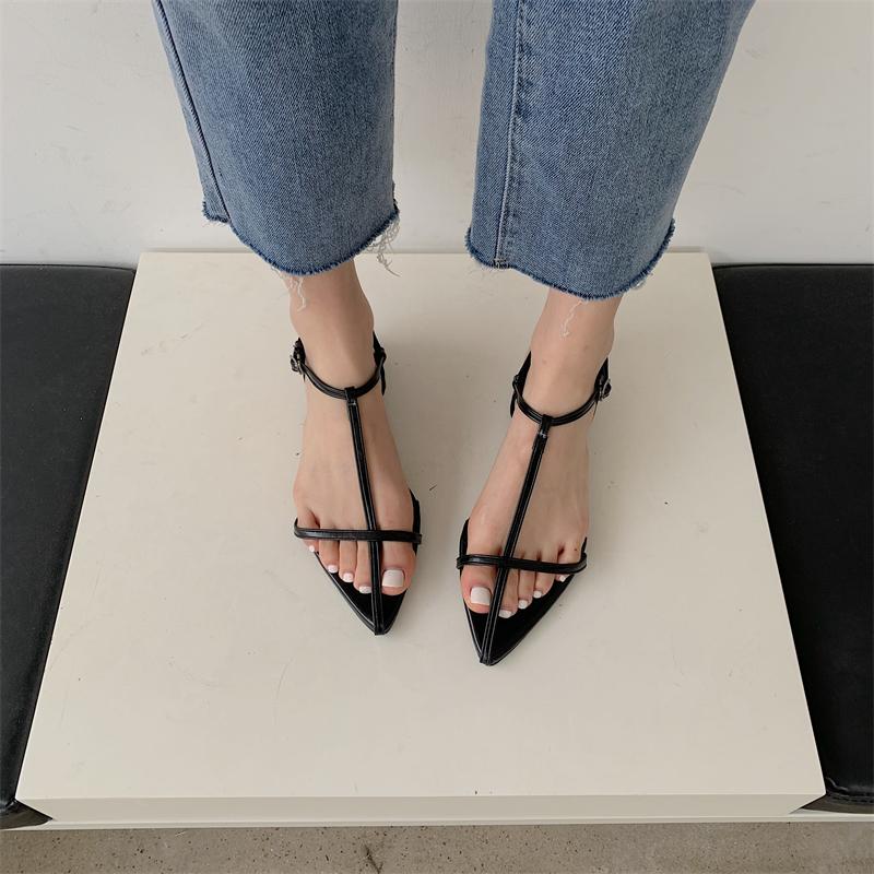 

Fashion Bailamos Women Sandals 2025 New Fashion Narrow Band Flat Heel Pointed Toe Ankle Buckle Zapatos Muje Ladies Gladiator Shoes 42 чёрный