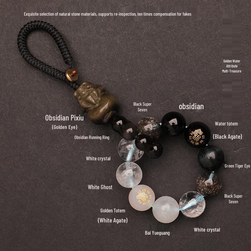 Zhenqiao Five Elements Pixiu Keychain: Wood, Fire, Earth, Metal, Water Crystal Pendant.
