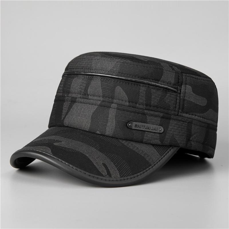 Winter old man hat men's warm camouflage flat top hat cotton old man fleece ear protection cap