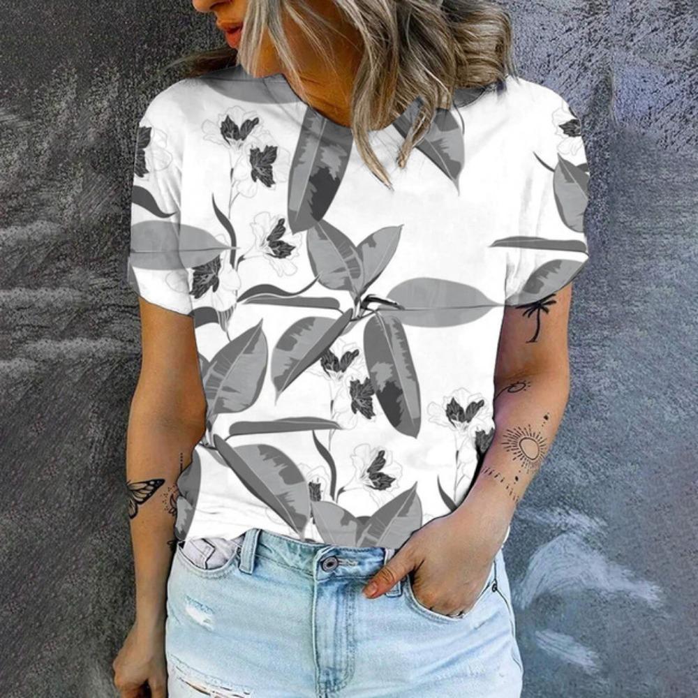 Summer Leisure T-shirt Women's T-shirt Retro Flower Pattern Print Fashion Print T-shirt Elegant Women's Short Sleeved T-shirt