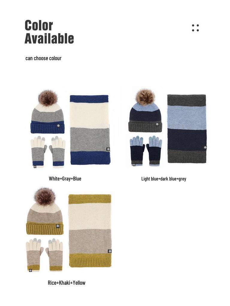 Winterliches japanisches Farbblock-Bommelmützen-, Schal- und Handschuh-Set - Dickes Wollstrick, Warmes dreiteiliges Set