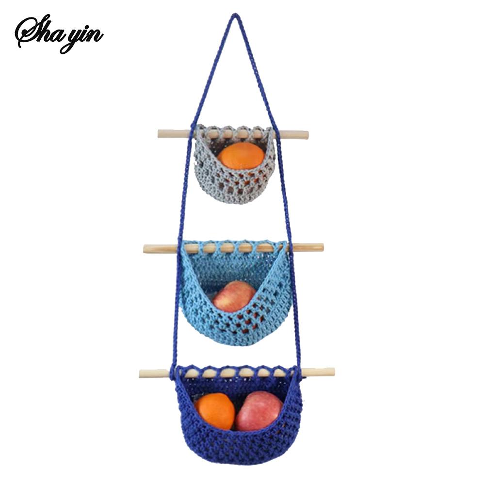 1PC Three-Layer Fruit Hanging Basket, Detachable Wall-Mounted Fruit Net Bag, Simple Woven Bag Vegetable And Fruit Basket