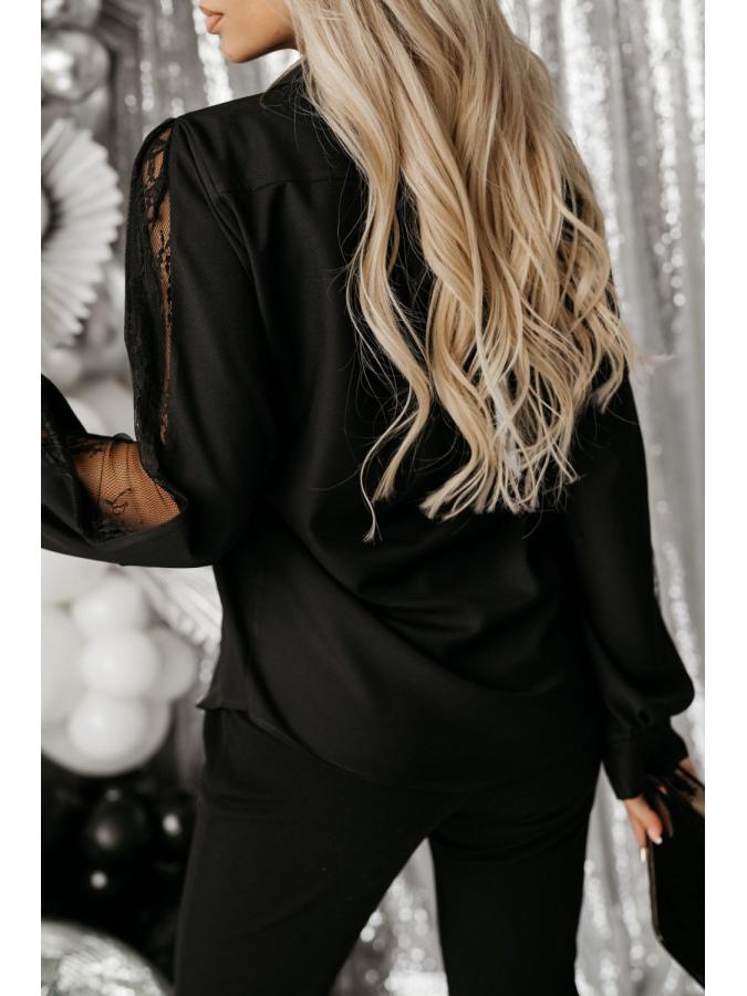 2025 Spring Women's Long-Sleeve Lace Patchwork Blouse with Turn-Down Collar