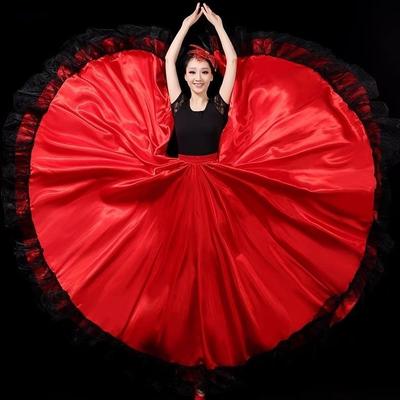 Women Spanish Paso Doble Flamenco Skirt Smooth Big Swing Lace Stitching Carnival Party Ballroom Gypsy Belly Dance Costumes