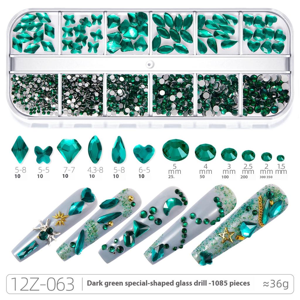 Broca para Nail Art 12 Compartimentos Strass Fundo Plano Broca Formato Especial Unha Vidro AB Aurora Transparente Broca Unha Conjunto de Joias para Nail Art