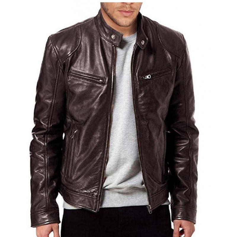 Winter Business Gentleman Zip Cardigan Pocket Decorative PU Leather Jacket Stand-Up Collar Slim Leather Jacket Jacket