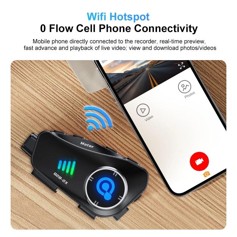 Q28 Kask motocyklowy Zestaw słuchawkowy Bluetooth i Kamera Bezprzewodowa HD 1080P Super Szerokokątny Obiektyw Wodoodporny Rejestrator Wideo WiFi Moto Jazda Narciarstwo Rejestrator