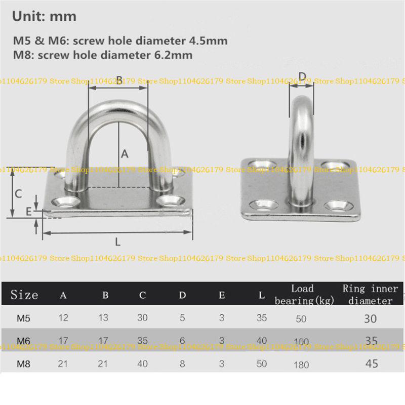 A1A2 Square Pad Eye Plate, Stainless Steel Ceiling Hooks, Suspension U Hooks Hardware Staple Hook Ring Loop with Round Ring