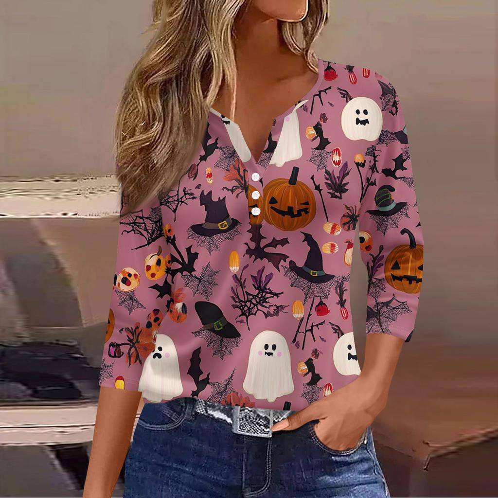 Women's Casual Fashion V-neck Loose Versatile Halloween Print Three-quarter Sleeve Top