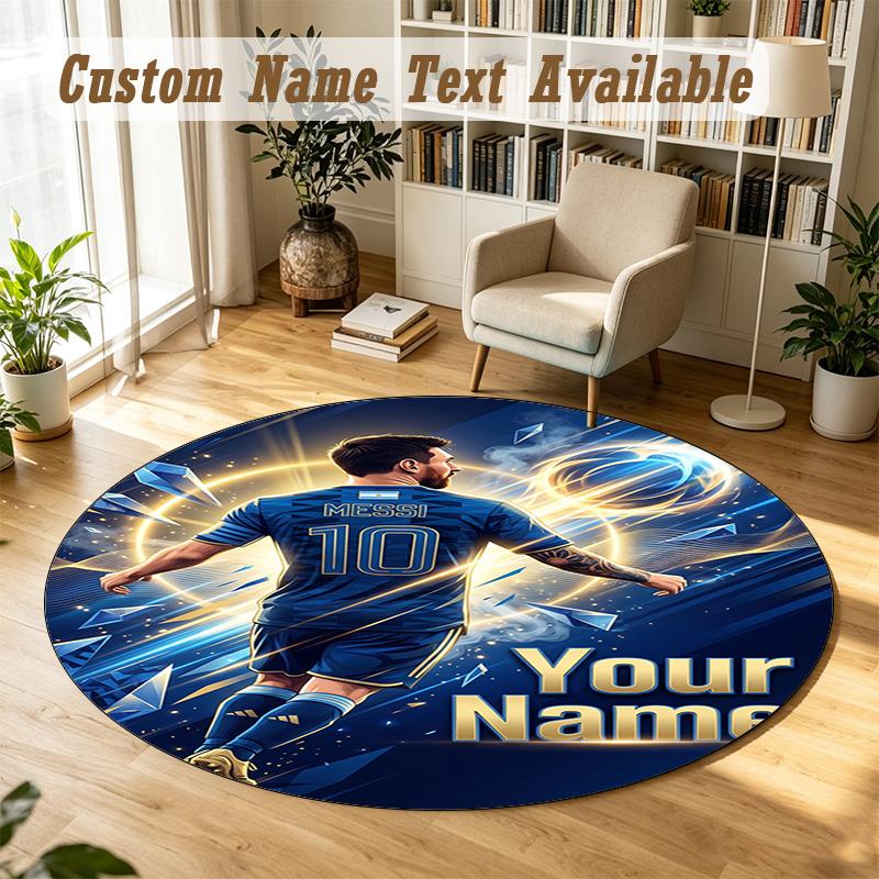 Tapis Rond Nom Personnalisé Motif Lionel Messi Tapis Antidérapant Décor de Sol pour la Maison
