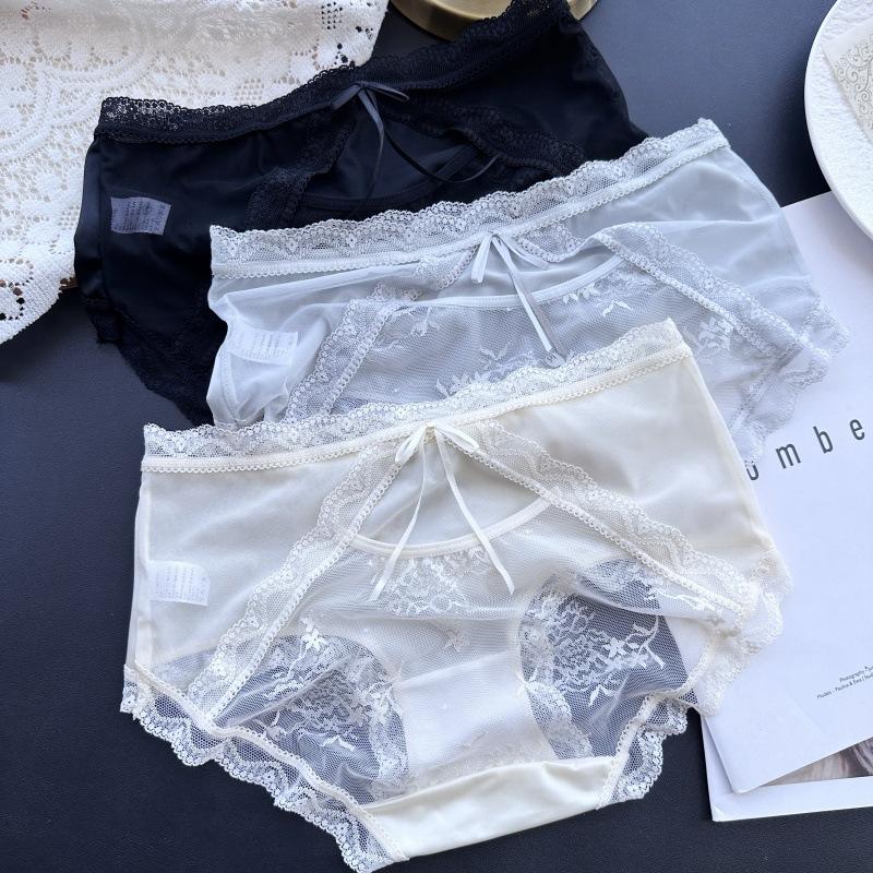 Women's Spring Summer Satin Light Luxury Ice Silk Lace Sexy Mid Waist Panties