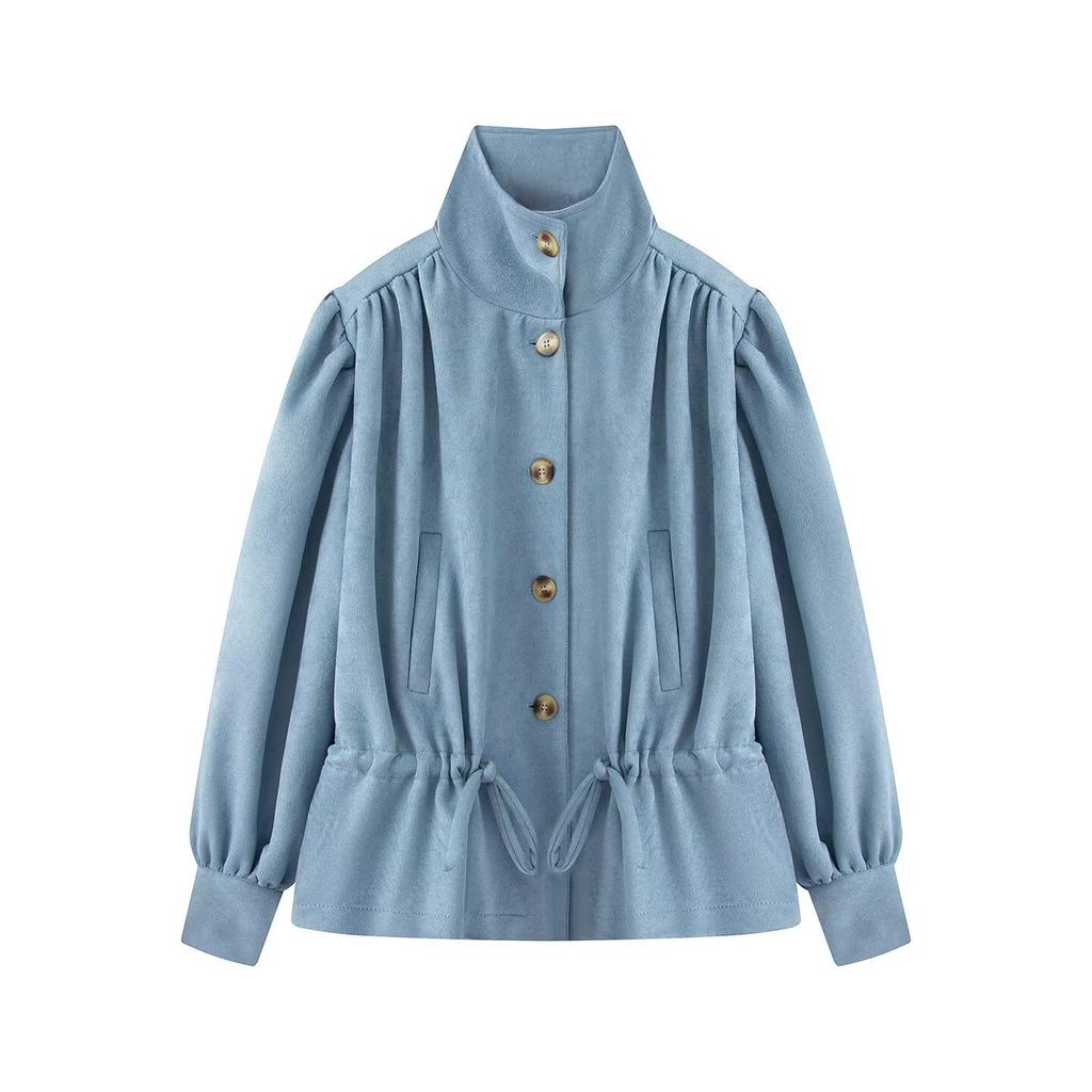 New European and American style stand-collar puff sleeve single-breasted fashionable short trench coat