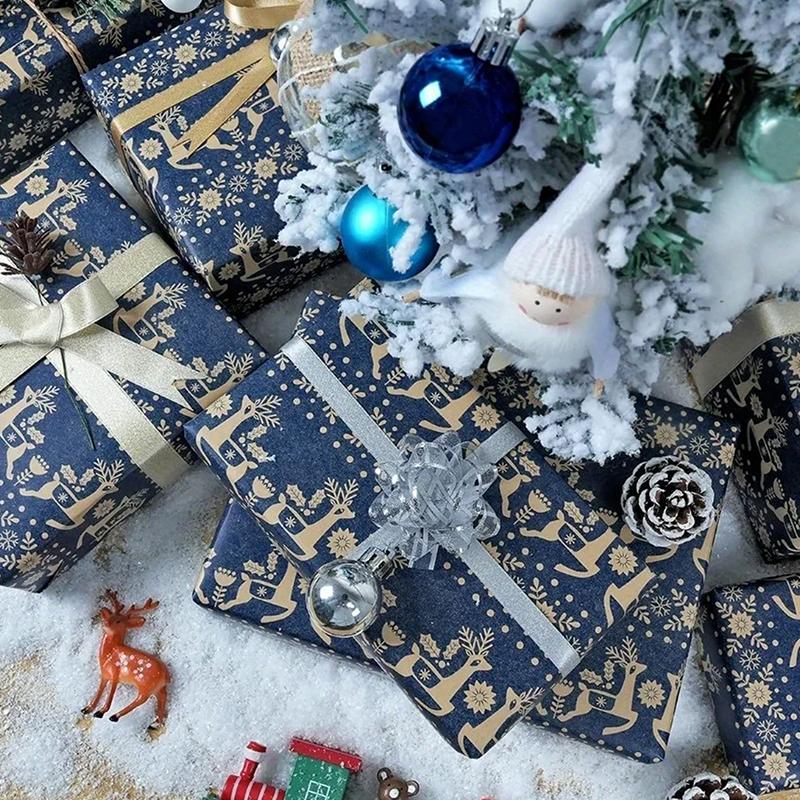 Christmas Wrapping Paper Roll Navy Blue Kraft Wrapping Paper Snowflake Xmas Floral Reindeer Design For New Year