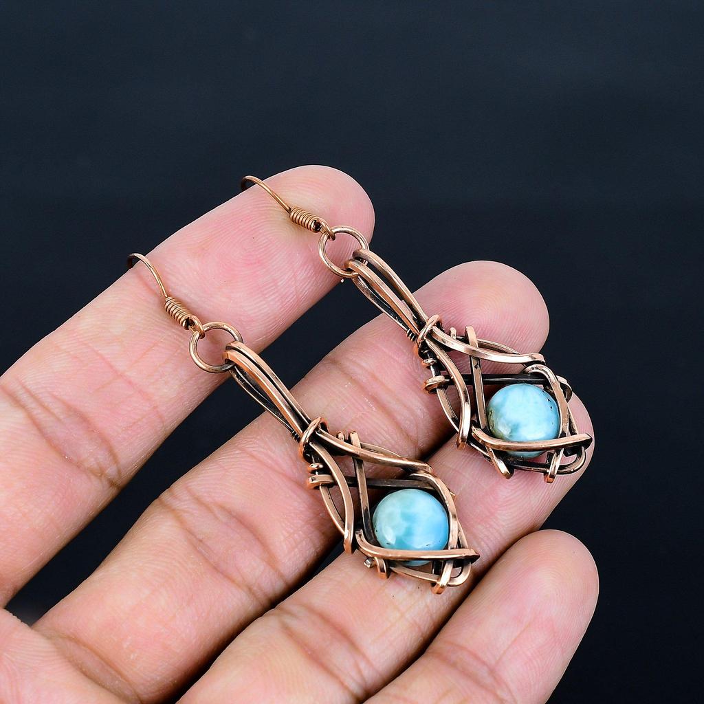 Larimar Earrings, 999 Copper Wire Wrapped Jewelry, Gemstone Earrings, Gift For Her Handmade Dainty Jewelry