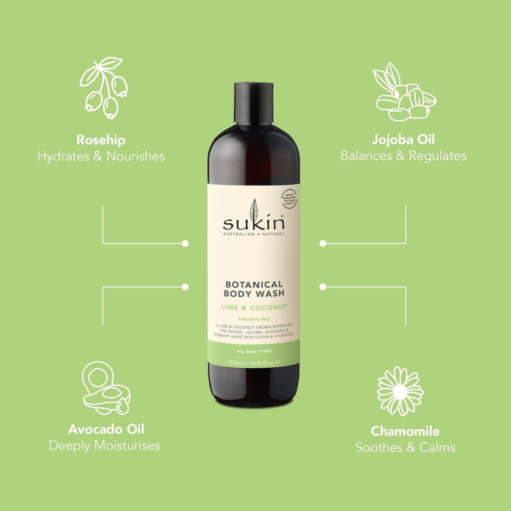 Sukin Botanical Body Wash (Lime & Coconut) Body Soap 500ml (x 1)
