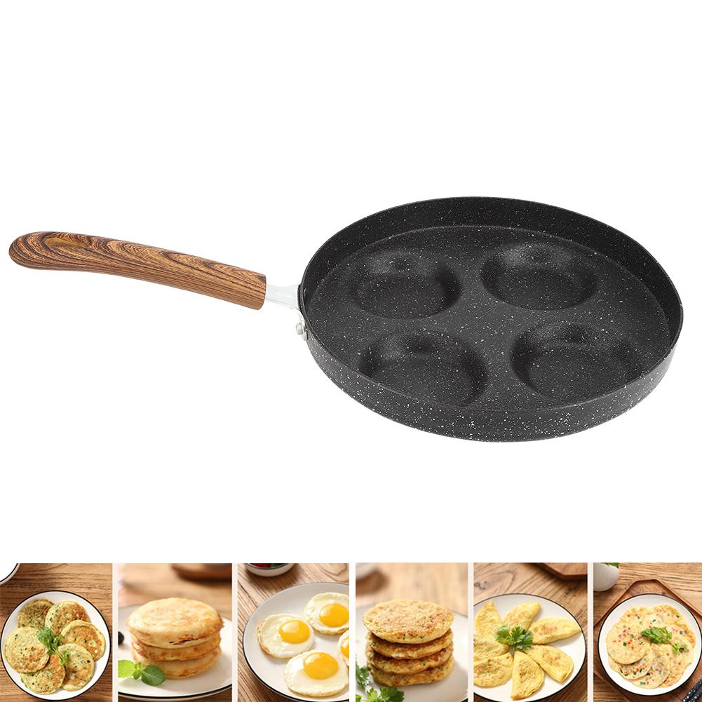 Four Hole Frying Pot Non Stick Cooking Pan Breakfast Maker with Wood Handle Kitchen Utensils