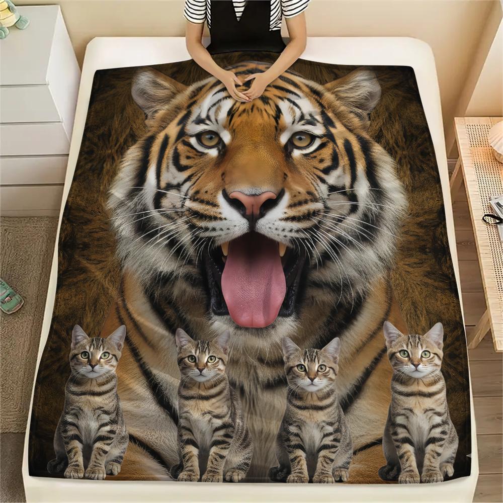 1Pc Tiger Lion Print Flannel Blanket, High Quality Comfortable for All Seasons, Home Decor, Warmth and Comfort, Perfect for Gifts