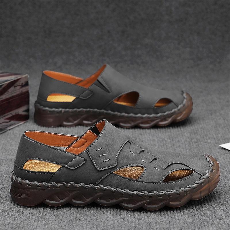 Men Outdoor Hiking Sandals Handmade Flats Black Summer Roman Sandals Retro Wide Leather Beach Shoes Over Sized