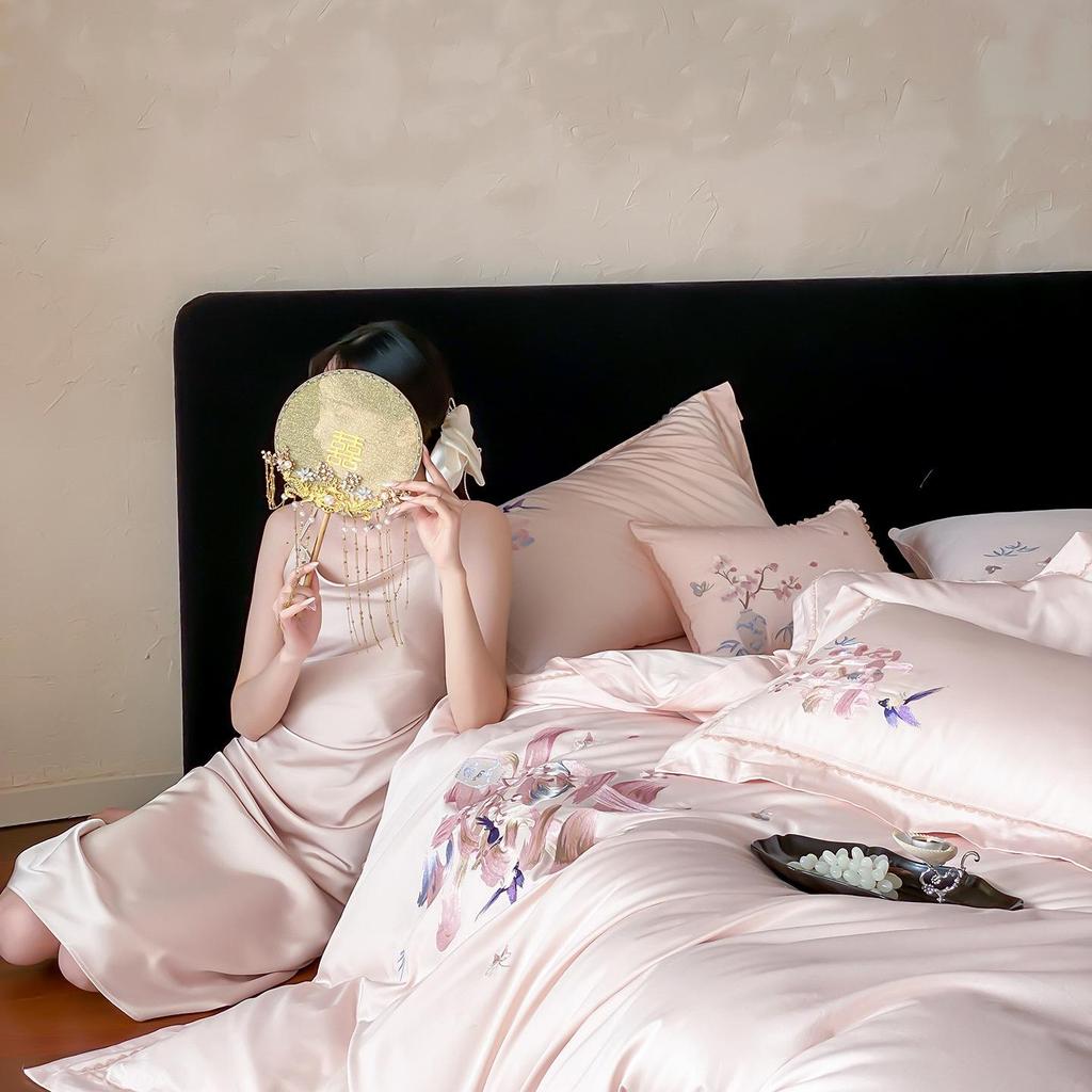 Wedding Cotton Embroidery Four-Piece Bedding Set - Duvet, Fitted Sheet, Bed Sheet - Perfect for Dowry Gifts