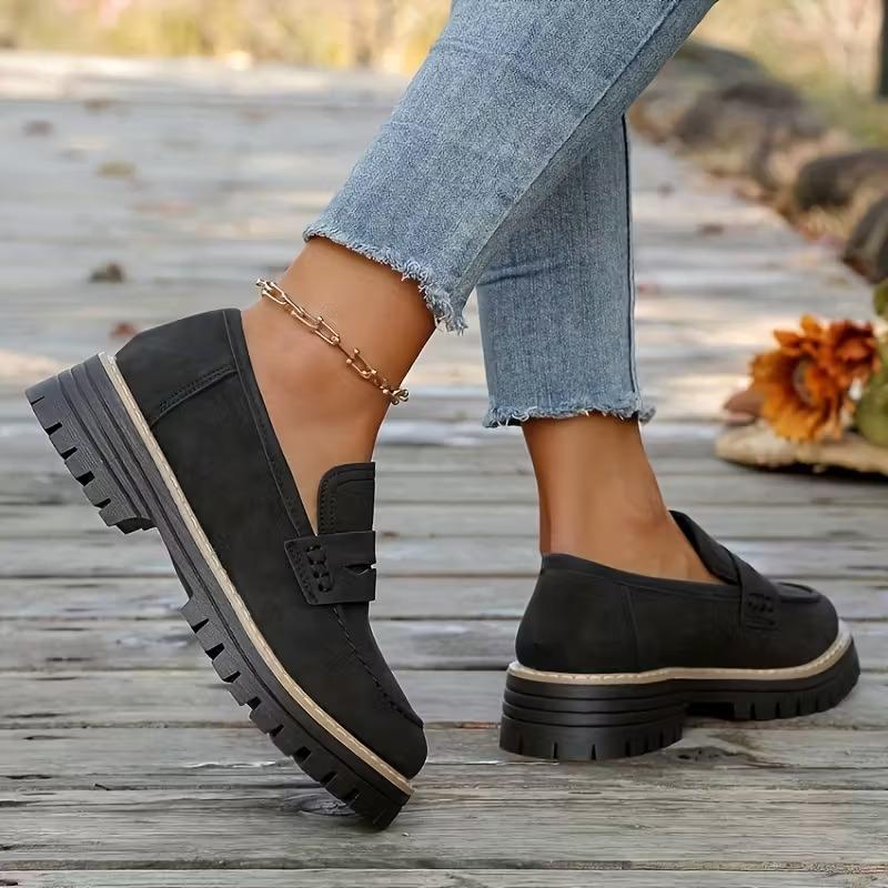 Woman Loafers Retro Autumn Ladies Large Size Frosted British Thick Heel Round Toe Rubber Outsole Korean Style Casual Shoes