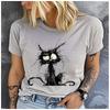 Women's Cotton 100% Little animal black cat T-shirt Loose round Neck Casual Short Sleeve Fashion Top  Clothing Summer