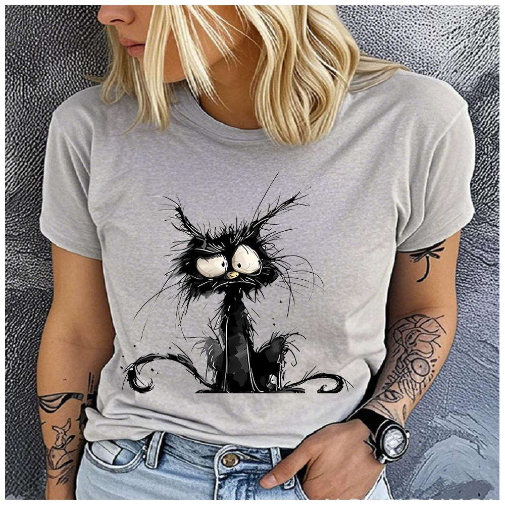 Women's Cotton 100% Little animal black cat T-shirt Loose round Neck Casual Short Sleeve Fashion Top Clothing Summer