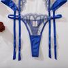 Set Sexy da Donna Blu Modellante Rete Ricamata con Ferretto Sostegno Scollatura a Collo Alto Set Lingerie Sottile Traspirante Set Reggiseno Push-Up