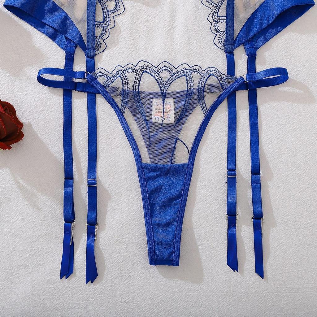 Set Sexy da Donna Blu Modellante Rete Ricamata con Ferretto Sostegno Scollatura a Collo Alto Set Lingerie Sottile Traspirante Set Reggiseno Push-Up