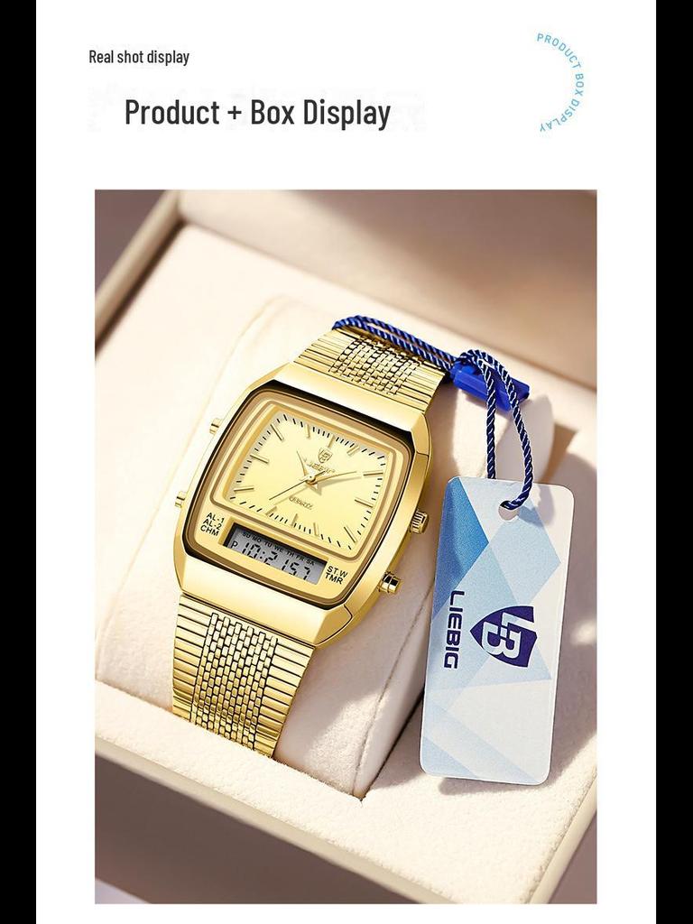 Leibingji Men's Multifunction Quartz Waterproof Sports Watch with Steel Band and Dual Display.
