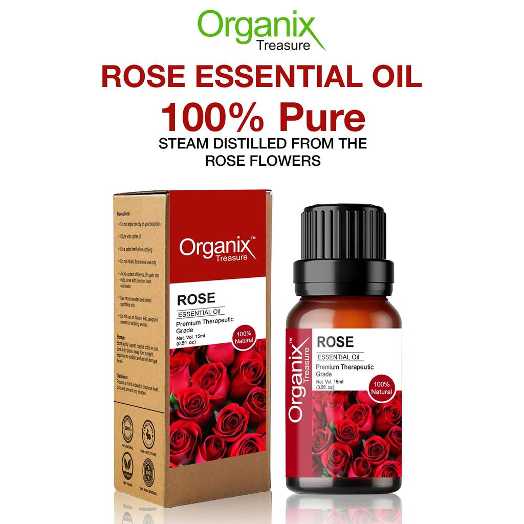 Organix Treasure Rose Essential Oil Pure and Natural Therapeutic Grade Steam Distilled Oil for Skin Care, Hair Care, and Aromatherapy, 15ML