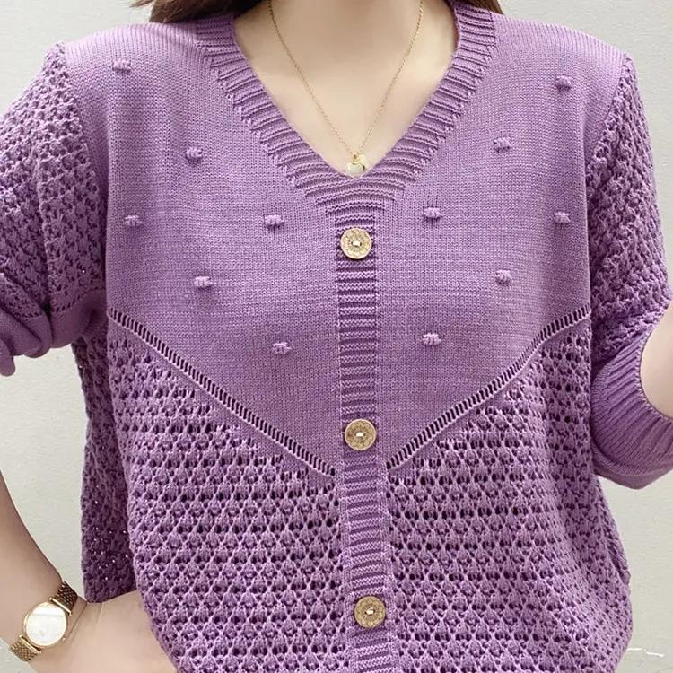 Women's Spring and Autumn Loose Covered Meat Hollowed Out Knit Sweater Mother's Casual Outside Sweater